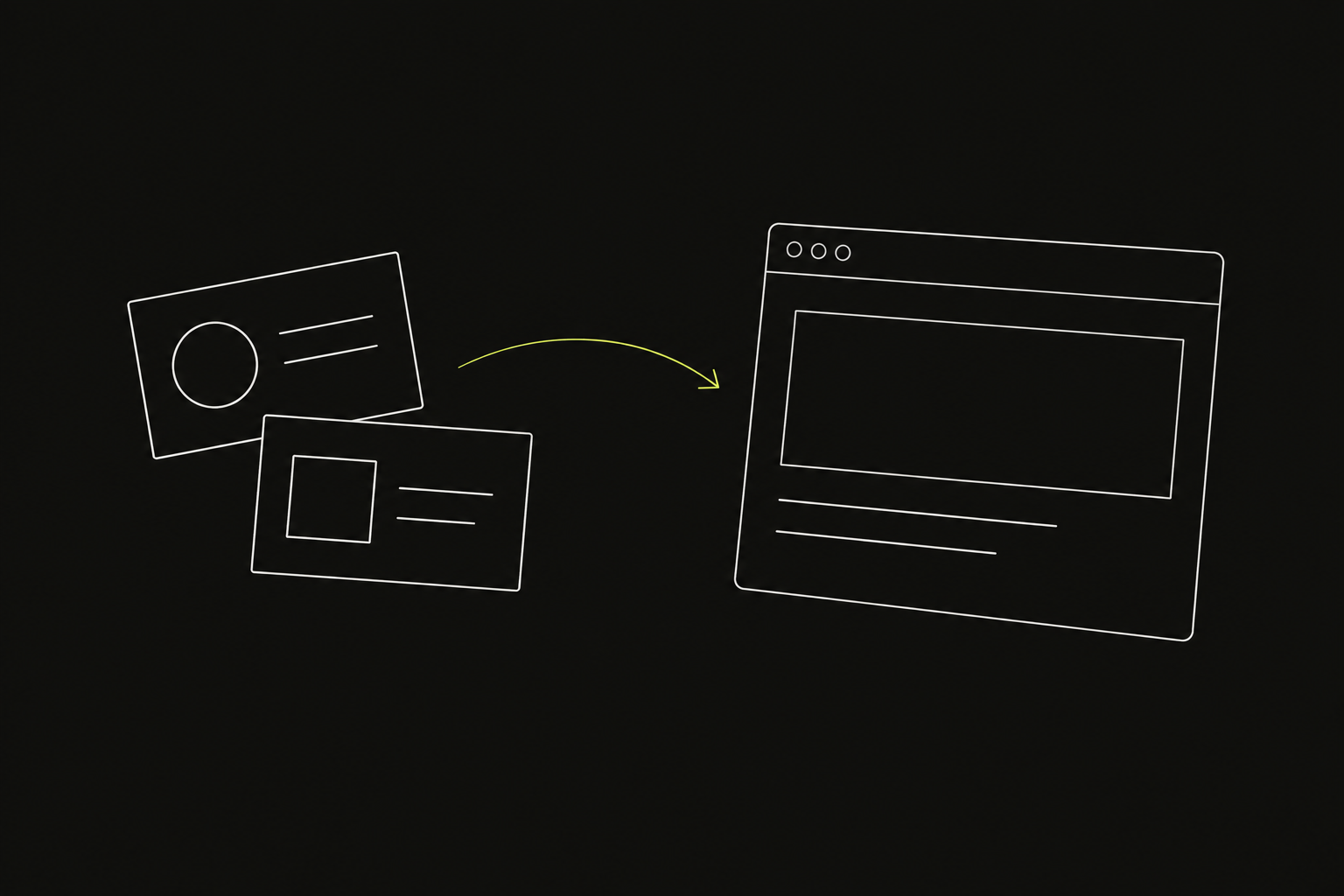 Minimal line sketch of research and brief cards connected to a defined product interface