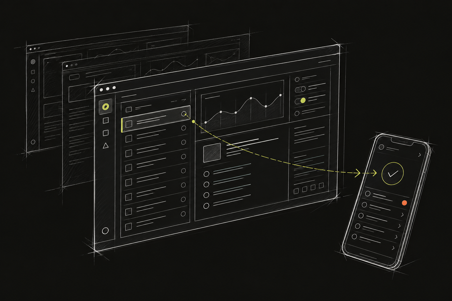 White pencil concept sketch of a browser application, mobile product and interaction layers