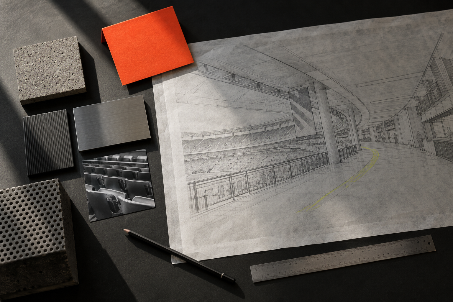 A design study with venue plans on tracing paper, material samples and drawing tools